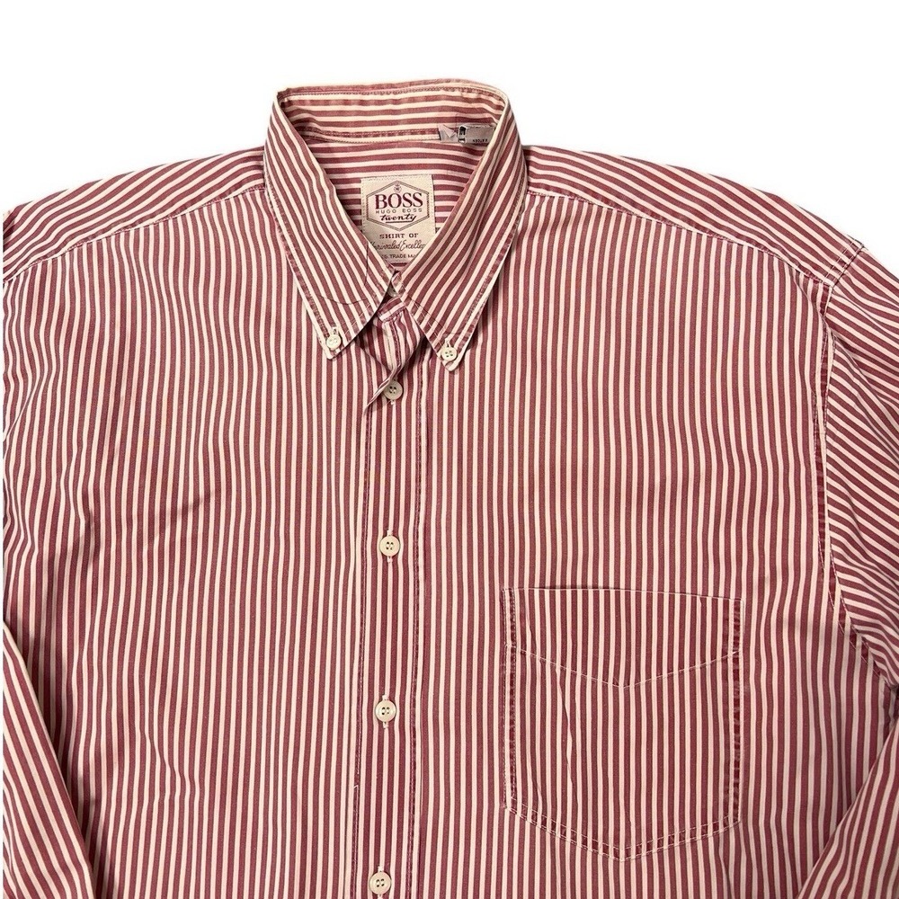 VTG Hugo Boss Twenty Cotton  Red Hickory Faded Striped Button Up Dress Shirt  M